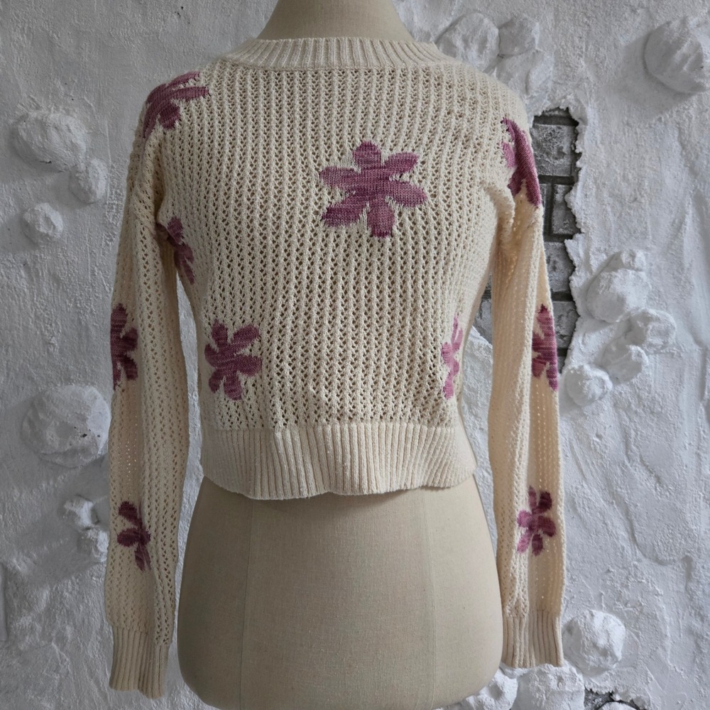 Sugar Moon Womens Cream Purple Floral Open Knit Cropped Sweater Pointelle XS